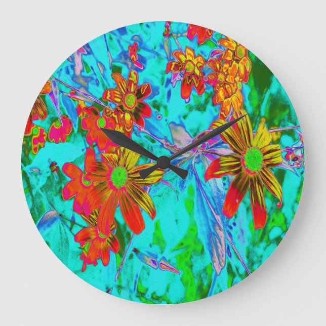 Relógio Grande Aqua Tropical com Flores Amarelas e Laranja (Frente)
