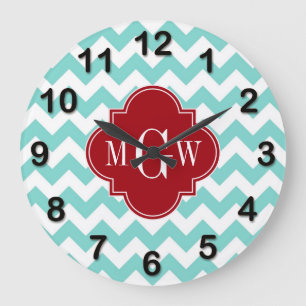 Relógio Grande Aqua White Chevron Cranberry Quatrefoil 3 Monogram