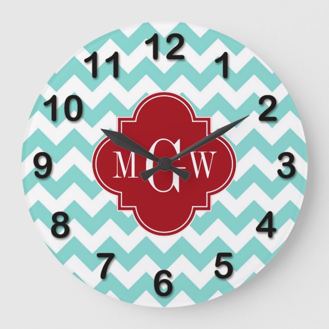Relógio Grande Aqua White Chevron Cranberry Quatrefoil 3 Monogram (Frente)