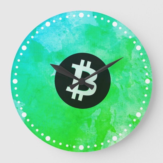 Relógio Grande Aquarela Bitcoin (Estilo $ - Green Day) (Frente)