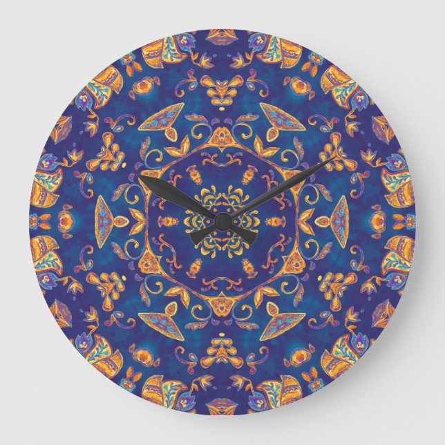Relógio Grande Aquarela Caleidoscópio Mandala Design Oriental. (Frente)