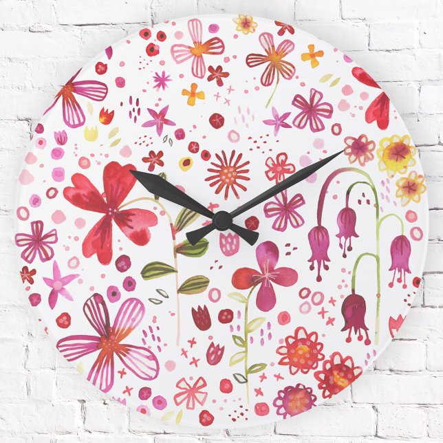 Relógio Grande Aquarela de Flor Selvagem Moderna (Modern floral watercolor pink, red and white art wall clock)