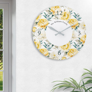 Relógio Grande Aquarela Floral Amarela Personalizada Elegante
