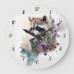 Relógio Grande Aquarela Guaxinim Fofo Flores da Primavera      