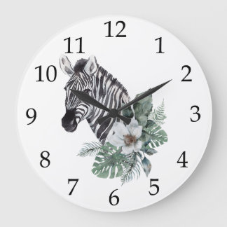 Relógio Grande Aquarela Safari Zebra Flores Tropicais
