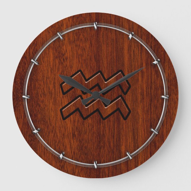 Relógio Grande Aquarius Zodiac - Sinal Mahogany - Estilo de Madei (Frente)
