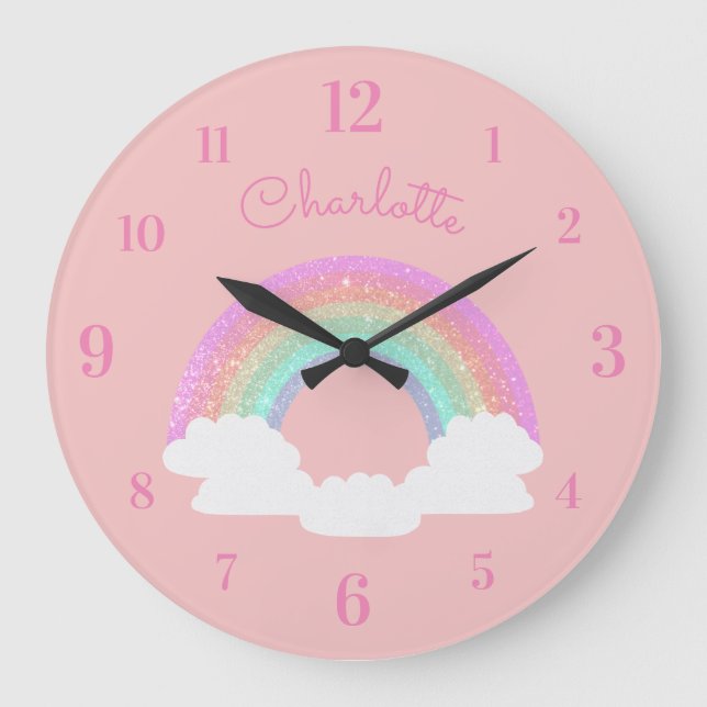 Relógio Grande Arco-íris Brilhante Pastel com Nome Personalizado  (Frente)