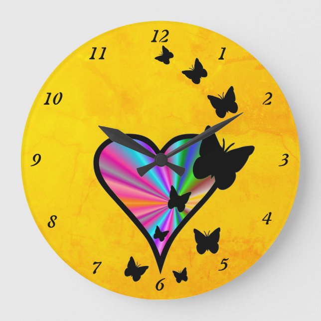 Relógio Grande Arco-Íris Coração e Borboleta (Frente)