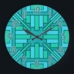 Relógio Grande Art Deco 1920 Geométrico Padrão Verde Verde-Teal<br><div class="desc">Esta bela design do relógio original é feita num estilo de deco de arte geométrica que lembra os modernos anos 20. As formas retangulares apontam para dentro em direção às mãos do relógio. As cores são feitas em vários tons de verde e azul, que vão do chalé à turquesa ao...</div>