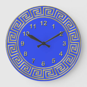 Relógio Grande Art Deco Dourado Borda chave grega azul DIY Fundo