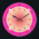 Relógio Grande Art Deco Geometric, Fuchsia Pink and Coral<br><div class="desc">Clock in overlapping geometric patterns,  consisting on gradient stripes,  ranging from cream to deep coral pink,  on a fuchsia pink background,  with 3-d look diamond shaped accents at the hours.</div>
