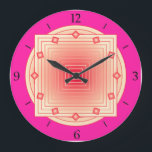 Relógio Grande Art Deco Geometric, Fuchsia Pink and Coral<br><div class="desc">Clock in overlapping geometric patterns,  consisting on gradient stripes,  ranging from cream to deep coral pink,  on a fuchsia pink background,  with 3-d look diamond shaped accents at the hours.</div>