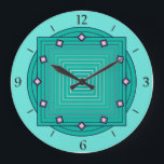 Relógio Grande Art Deco Geométrico, Aqua e Turquoise Blue<br><div class="desc">Relógio em padrões geométricos sobrepostos,  consistindo em faixas de gradiente,  que vão de aqua a tartaruga/palha profunda,  sobre fundo aqua leve,  com sotaque em forma de diamante em 3 d,  às horas</div>