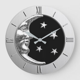 Relógio Grande Art Deco Moon and Stars - Preto e Prata