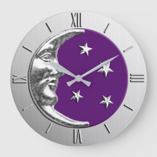 Relógio Grande Art Deco Moon and Stars - Púrpura e Prata Ametist