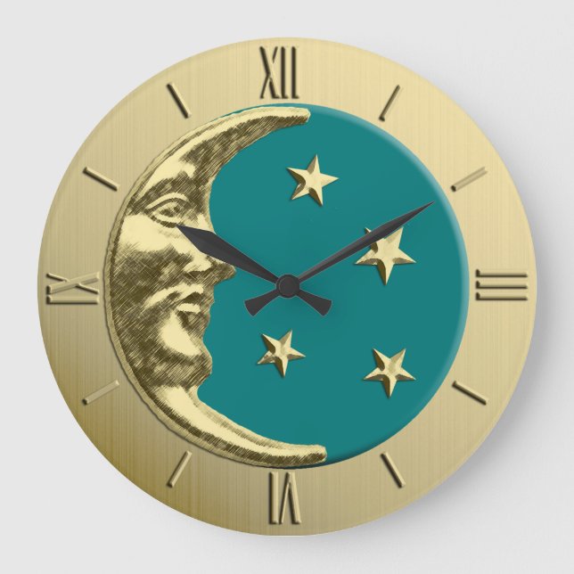 Relógio Grande Art Deco Moon e Estrelas - Teal e Dourado (Frente)