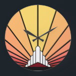 Relógio Grande Art deco sun em Dawn Wall Clock<br><div class="desc">Um padrão solar clássico de deco de arte em cores de madrugada. Um padrão icônico da ascensão solar por trás de um edifício estilizado em forma de arte. Um design simples,  mas elegante,  verdadeiro à era.</div>