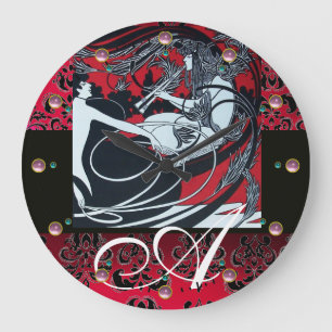 Relógio Grande ART NOUVEAU FAUN Red Burgundy, Black Damask