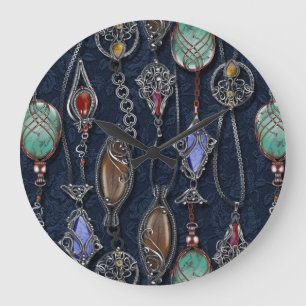 Relógio Grande Art Nouveau Floral: Denim Elegance.