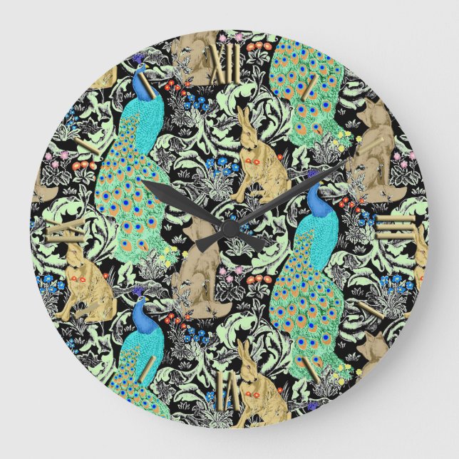 Relógio Grande Art Nouveau Peacock Print, Turquoise & Neutrals (Frente)