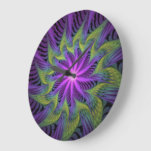 Relógio Grande Arte abstrata fractal moderna flor roxa verde