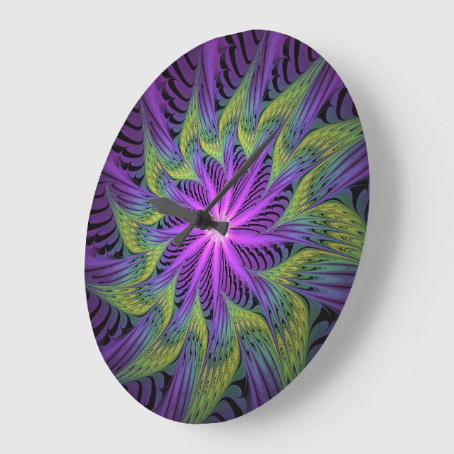 Relógio Grande Arte abstrata fractal moderna flor roxa verde (Ângulo)