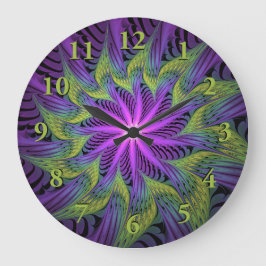Relógio Grande Arte abstrata fractal moderna flor roxa verde