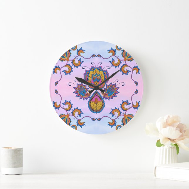 Relógio Grande Arte Azul e Roxa Mehndi, Blisa Floral Azul (Lar)