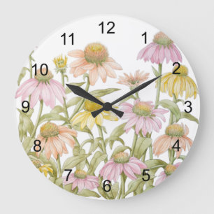 Relógio Grande Arte Botânica Aquarela de Coneflowers
