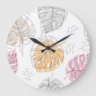 Relógio Grande Arte de Desenho de Linha Monstera Exótica
