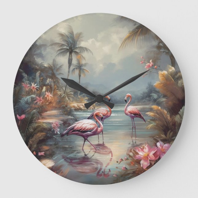 Relógio Grande Arte de Flamingo Tropical Vintage Laguna Flórida (Frente)