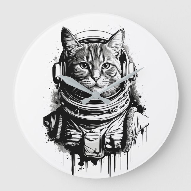 Relógio Grande Arte de Gato Astronauta em Tinta (Frente)