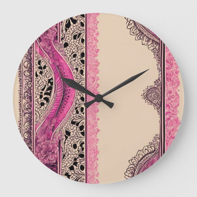 Relógio Grande Arte de IA em renda bege e rosa  (Frente)
