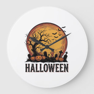 Relógio Grande Arte de Morcego Lua de Cemitério de Halloween Vint
