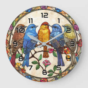 Relógio Grande Arte de Pintura com Efeito de Vidro de Belas Aves
