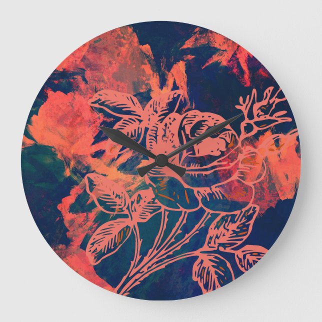 Relógio Grande Arte de Rosa Vermelha Abstrata (Frente)