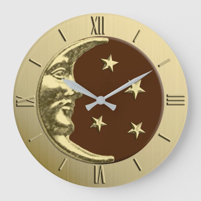 Relógio Grande Arte Deco Lua e Estrelas - Castanho e Dourado (Frente)
