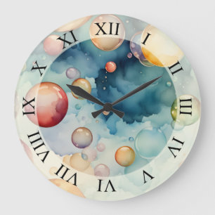 Relógio Grande Arte em Aquarela de Bolhas Coloridas 
