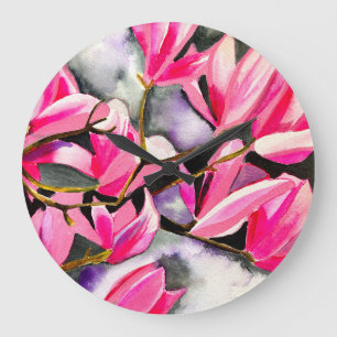 Relógio Grande Arte em aquarela de magnólia rosa