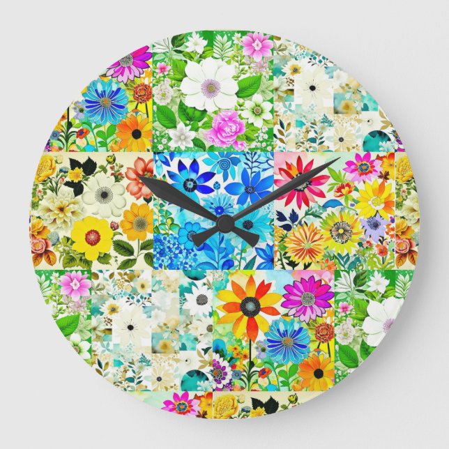 Relógio Grande Arte Floral em Patchwork Aquarela Flores (Frente)