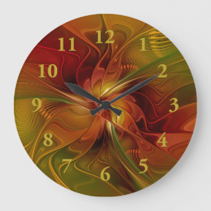 Relógio Grande Arte Floral Fractal Abstrata Vermelha Laranja Marr