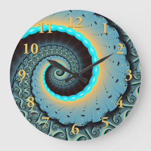 Relógio Grande Arte fractal espiral abstrato azul-turquesa laranj