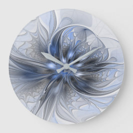 Relógio Grande Arte Fractal Floral Abstrata em Aquarela Azul Cinz