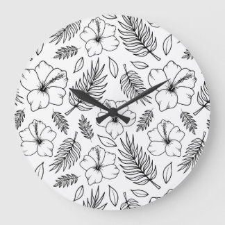 Relógio Grande Arte Gráfica de Linha de Hibisco Tropical
