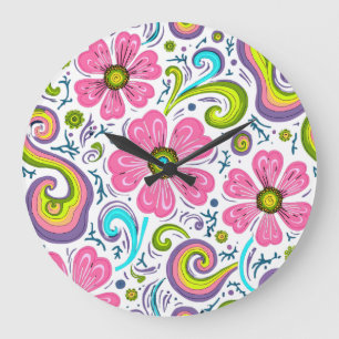 Relógio Grande Arte Gráfico de Redemoinhos Florais Rosa Psicodéli