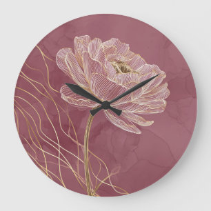 Relógio Grande Arte Linear Floral Rosa Dourado Empoeirado Minimal