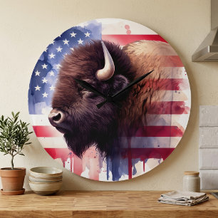 Relógio Grande Arte Magnífica de Bisonte Americano e Bandeira Pat