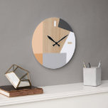 Relógio Grande Arte Moderna de Listras em Bloco em Textura de Mad<br><div class="desc">Padrão de bloco moderno branco, cinza escuro e claro, e laranja pálido pastel sobre um fundo de madeira falsa bege claro. Clássico retrô chique, design básico elegante e simples para o designer de moda de decoração artística, influenciador de tendência popular, amante de motivos estilo meio do século. Disponível em acessórios...</div>