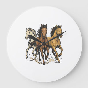 Relógio Grande Arte Vetorial de Cavalos a Galopar Vintage_1