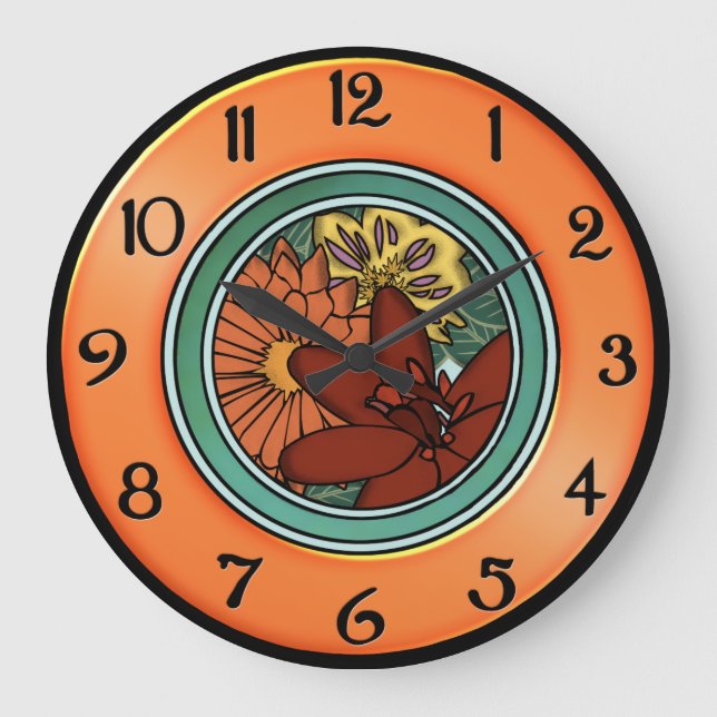 Relógio Grande Artes e placa da flor dos artesanatos na laranja e (Frente)